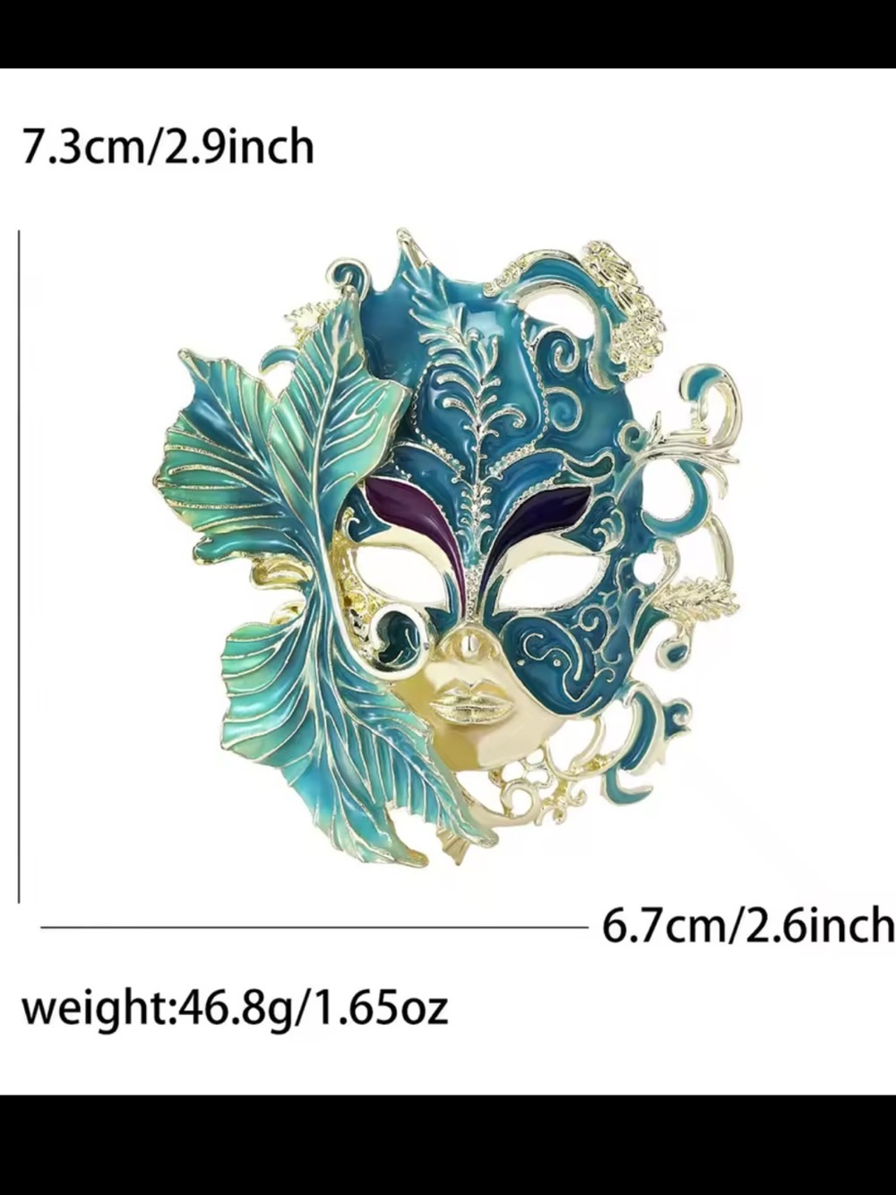 Brooch Metallic Blue Filigree Venetian Masquerade Mask - Picture 3 of 4